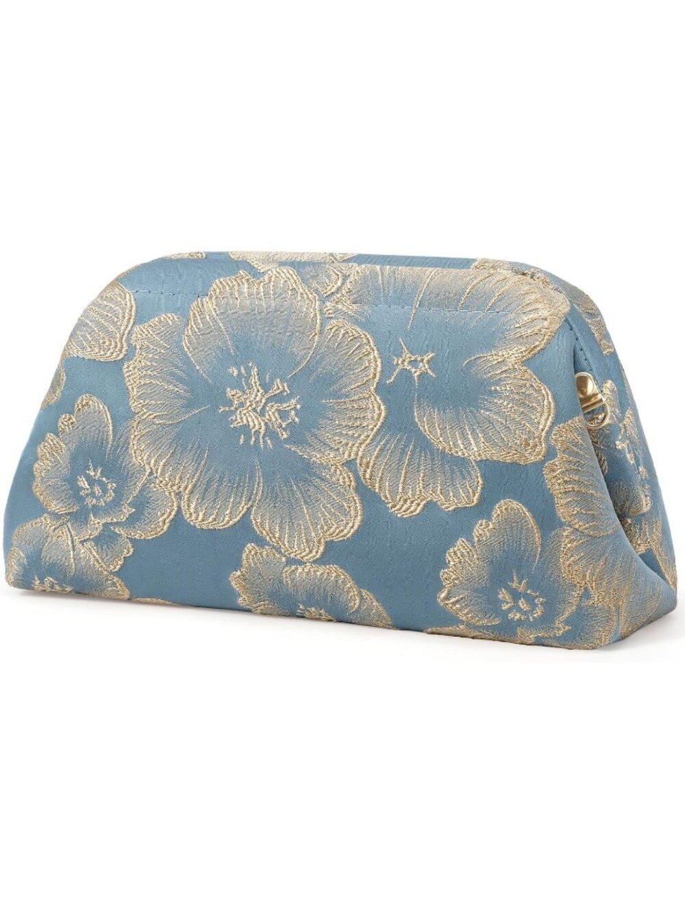 Women's Blue Floral Embroidered Kiss Lock Frame Clutch Evening Bag Purse